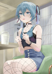 Rule 34 | 1girl, absurdres, aqua eyes, aqua hair, aqua nails, armlet, bare shoulders, black choker, cafe, chair, choker, coffee cup, collarbone, cup, denim, denim skirt, disposable cup, earrings, feet out of frame, fishnet pantyhose, fishnet thighhighs, fishnets, hair between eyes, hair ribbon, hatsune miku, high-waist skirt, highres, hxk4 n, indoors, jewelry, long hair, looking at another, midriff, nail polish, open mouth, pantyhose, ribbon, ring, sitting, skirt, solo, table, tank top, thighhighs, thighs, twintails, vocaloid, watch, wristband, wristwatch