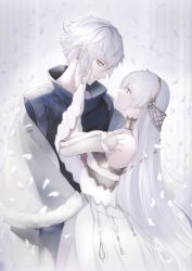 Rule 34 | 1boy, 1girl, absurdres, anastasia (fate), arm up, bare shoulders, black shirt, blue cloak, blue eyes, brown eyes, brown hairband, cloak, commentary request, cowboy shot, detached sleeves, dress, earrings, fate/grand order, fate (series), fur trim, hair between eyes, hairband, hand on another&#039;s cheek, hand on another&#039;s face, height difference, highres, jewelry, kadoc zemlupus, long hair, long sleeves, looking at another, looking at viewer, looking to the side, looking up, marumoru, parted lips, petals, profile, shirt, straight hair, v-shaped eyebrows, very long hair, white dress, white hair, white theme, yellow eyes