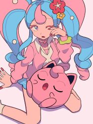 Rule 34 | 1girl, ;o, arm support, blue hair, blue skirt, choker, collared shirt, commentary request, creatures (company), eyelashes, fairy miku (project voltage), flower, game freak, gen 1 pokemon, hair flower, hair ornament, hand up, hatsune miku, highres, jigglypuff, long sleeves, multicolored hair, nail polish, nintendo, on lap, one eye closed, open mouth, pink choker, pink hair, pink nails, pink sweater, pokemon, pokemon (creature), pokemon on lap, project voltage, scrunchie, shirt, sitting, skirt, socks, sweater, two-tone hair, tyako 089, vocaloid, white shirt, wrist scrunchie
