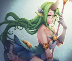 Rule 34 | 1girl, alternate costume, alternate hair color, alternate hairstyle, armlet, ballpoint pen (medium), bare shoulders, breasts, elbow gloves, gloves, green eyes, green hair, highres, horns, kinnohome, league of legends, long hair, looking at viewer, magical girl, pointy ears, single horn, solo, soraka (league of legends), staff, standing, star guardian (league of legends), star guardian soraka, traditional media, very long hair, white gloves