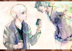 Rule 34 | 1boy, 1girl, absurdres, arm behind back, black eyes, black shirt, blue eyes, can, closed mouth, collarbone, commentary request, cowboy shot, eye contact, from side, green hair, grey hair, grey jacket, hair over one eye, hand up, highres, holding, holding can, ishida sui (style), jacket, kaneki ken, kirishima touka, kyuuba melo, leaning forward, long sleeves, looking at another, official style, open clothes, open jacket, parted lips, pleated skirt, purple shirt, shirt, short hair, short sleeves, skirt, smile, teeth, tokyo ghoul, upper body, white hair