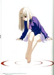 Rule 34 | 00s, 1girl, absurdres, barefoot, blonde hair, fate/stay night, fate (series), feet, female focus, full body, gradient background, highres, illyasviel von einzbern, jpeg artifacts, legs, long hair, official art, red eyes, ripples, scan, solo, takeuchi takashi, toes