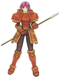 Rule 34 | 1girl, armor, armored boots, boots, fire emblem, fire emblem: the binding blade, full body, gauntlets, gloves, gwendolyn (fire emblem), highres, kaneda eiji, lance, nintendo, orange armor, pink eyes, pink hair, polearm, simple background, solo, weapon, white background