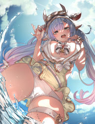 Rule 34 | 1girl, animal ears, bikini, bikini bottom only, blue hair, breasts, brown eyes, catura (granblue fantasy), cow ears, draph, earrings, from below, goggles, goggles on head, gradient hair, granblue fantasy, hair ornament, hairclip, hat, highres, horns, jewelry, kamizuki shiki, large breasts, light blue hair, long hair, looking at viewer, multicolored hair, open mouth, partially submerged, pink hair, pointy ears, solo, swimsuit, twintails, water