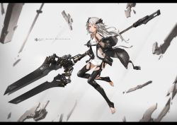 Rule 34 | 1girl, a-z a (neco), also sprach zarathustra (neco), bident, black thighhighs, breasts, brown eyes, commentary, full body, grey hair, headgear, highres, holding, holding weapon, jacket, letterboxed, load bearing equipment, long hair, looking at viewer, neco, open clothes, open jacket, original, parted lips, polearm, revision, science fiction, skinny, small breasts, solo, thighhighs, toeless legwear, toes, tsurime, weapon