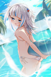 Rule 34 | 1girl, absurdres, ass, bikini, blue eyes, blue hair, blue sky, blunt bangs, blush, breasts, butt crack, cloud, commentary request, covered erect nipples, fang, fins, fish tail, gawr gura, grey hair, hair ornament, ham tamago (qq), highres, holding own tail, hololive, hololive english, looking at viewer, looking back, medium hair, micro bikini, multicolored hair, open mouth, palm leaf, palm tree, shark girl, shark hair ornament, shark tail, side-tie bikini bottom, sidelocks, skin fang, sky, small breasts, smile, streaked hair, swimsuit, tail, tree, two side up, virtual youtuber, wading, water, white bikini