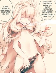 Rule 34 | 10s, 1girl, bottle, cagliostro (granblue fantasy), cape, crown, flat chest, glass bottle, granblue fantasy, grin, hard-translated, long hair, monochrome, naked cape, navel, norasame (dagako), nude, smoking pipe, simple background, smile, smirk, smug, solo, thighhighs, third-party edit, translated
