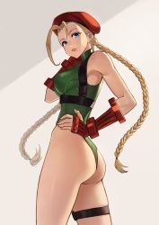 Rule 34 | 1girl, absurdres, antenna hair, arm guards, ass, bare legs, bare shoulders, blonde hair, blue eyes, braid, breasts, cammy white, capcom, commentary, cowboy shot, curvy, from behind, green leotard, hand on own hip, hara kenshi, highleg, highleg leotard, highres, leotard, long hair, looking at viewer, looking back, medium breasts, parted lips, red headwear, scar, scar on face, shiny skin, simple background, solo, street fighter, thigh strap, twin braids, white background