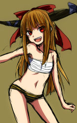 Rule 34 | 1girl, brown hair, chest sarashi, fang, flat chest, hair ribbon, highres, horn ornament, horn ribbon, horns, ibuki suika, long hair, looking at viewer, navel, neko zukin, open mouth, panties, red eyes, ribbon, sarashi, simple background, sketch, solo, striped clothes, striped panties, touhou, underwear, underwear only, yellow panties