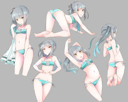 Rule 34 | 10s, 1girl, all fours, ass, bare legs, bikini, blush, breasts, brown eyes, butt crack, comah, flat chest, gradient hair, grey background, kantai collection, kasumi (kancolle), long hair, looking at viewer, looking back, multicolored hair, multiple views, navel, open mouth, side-tie bikini bottom, side ponytail, silver hair, striped bikini, striped clothes, swimsuit, thighs, tongue, yellow eyes