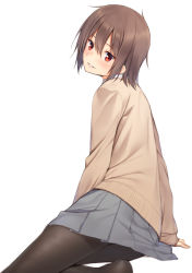 Rule 34 | 1girl, arm support, black pantyhose, blush, brown eyes, brown hair, cardigan, from behind, from side, hair between eyes, head tilt, highres, long sleeves, looking at viewer, looking back, matching hair/eyes, mikazuchi zeus, no shoes, original, pantyhose, pleated skirt, school uniform, short hair, simple background, sitting, skirt, sleeves past wrists, smile, solo, white background