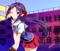 Rule 34 | 1girl, anime coloring, arched back, bag, blush, brown bag, collarbone, commentary, english commentary, goal, hair ornament, highres, holding, holding bag, long hair, looking at viewer, one eye closed, pleated skirt, purple hair, red eyes, red skirt, sailor collar, school bag, school uniform, shirt, short sleeves, shugo19, skirt, solo, sword art online, tree, uniform, white sailor collar, window, yuuki (sao)