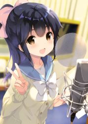 Rule 34 | 1girl, :d, absurdres, black hair, blue sailor collar, bow, bowtie, breasts, brown eyes, cardigan, collarbone, cropped, fingernails, girlish number, hair bow, hair ornament, hands up, highres, holding, indoors, long fingernails, long hair, long sleeves, looking at viewer, microphone, ohara tometa, open mouth, pink bow, pocket, ponytail, sailor collar, sakuragaoka nanami, scan, school uniform, serafuku, shirt, smile, solo, teeth, upper teeth only, v, white bow, white bowtie