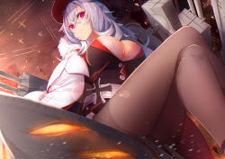 Rule 34 | 1girl, absurdres, aircraft, airplane, azur lane, black jacket, black legwear, blush, bra, bra peek, breasts, cleavage, closed mouth, coat, cross, crossed legs, feet out of frame, foreshortening, from below, fur-trimmed coat, fur collar, fur trim, graf zeppelin (azur lane), hair between eyes, highres, iron cross, jacket, large breasts, lens flare, light particles, light purple hair, long hair, looking at viewer, looking down, machinery, military jacket, motion blur, open clothes, open coat, pink eyes, sitting, smoke, solo, tatapopo, thighs, turret, underwear, very long hair, white bra, white coat