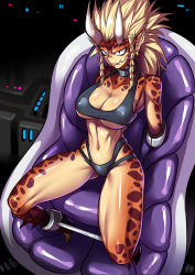 Rule 34 | 1girl, blonde hair, bound, bound ankles, bound arms, braid, breasts, chair, cleavage, collar, colored skin, crop top, earrings, fangs, high heels, highres, horns, jewelry, large breasts, long hair, monster girl, multicolored skin, one-punch man, orange skin, pointy ears, raptora, restrained, ryuusei (mark ii), shiny skin, side braids, sitting, slit pupils, solo, spiked hair, thighs, twin braids, underboob