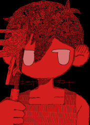 Rule 34 | 1boy, collarbone, highres, holding, holding knife, knife, looking at viewer, male focus, omori, omori (omori), red theme, short hair, solo, tank top, translated, uminosoko44, upper body
