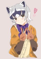 Rule 34 | 1girl, animal ears, anniversary, blush, bow, bowtie, brown eyes, brown gloves, center frills, crab-eating raccoon (kemono friends), double v, extra ears, frilled sleeves, frills, gloves, grey hair, highres, kamisamanosaba, kemono friends, looking at viewer, multicolored hair, open clothes, open shirt, orange shirt, purple bow, purple bowtie, purple hair, raccoon ears, raccoon girl, shirt, short hair, short sleeves, smile, solo, two-tone gloves, upper body, v, white hair, white shirt