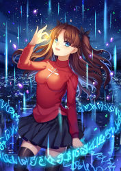 Rule 34 | 1girl, :d, arm at side, arm up, bad id, bad pixiv id, black ribbon, black skirt, black thighhighs, blue eyes, breasts, brown hair, city, cityscape, fate/stay night, fate (series), female focus, floating hair, gem, hair ribbon, holding, holding gem, long hair, long sleeves, looking at viewer, magic, medium breasts, mirror (xilu4), neck, night, night sky, open mouth, outdoors, parted bangs, pleated skirt, red sweater, ribbon, round teeth, skirt, sky, smile, standing, sweater, teeth, thighhighs, tohsaka rin, topaz (gemstone), topaz (stone), two side up, type-moon, upper teeth only, zettai ryouiki