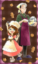 Rule 34 | 1boy, 1girl, age difference, apron, blue eyes, cedric (disney), cedric (sofia the first), cookie cutter, cooking, dot nose, dress, full body, ginger root, gingerbread man, grey outline, happy, jewelry, looking at another, multicolored hair, old, old man, outline, pants, pendant, plaid, plaid background, pointy nose, puffy short sleeves, puffy sleeves, short sleeves, slippers, smile, sofia (disney), sofia the first, standing, tagme, two-tone hair