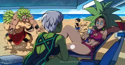 Rule 34 | ..., 2girls, 3boys, ?, abs, alternate costume, ass, back cutout, bahnloopi, beach, blonde hair, blue eyes, bracelet, breasts, broly (dragon ball super), broly (dragon ball z), cabba, carrying, chair, cheelai, cleavage cutout, clothing cutout, conversation, cooler, cup, dark-skinned male, dark skin, dragon ball, dragon ball super, dragonball z, drinking glass, drinking straw, earrings, english text, flag, green hair, highres, jewelry, kefla (dragon ball), kneeling, large breasts, looking at another, looking to the side, multiple boys, multiple girls, muscular, muscular female, muscular male, nails, ocean, plate, potara earrings, sand, sand castle, sand sculpture, scared, shovel, sitting, squatting, straw, swimsuit, table, umbrella, water, white hair, wine glass