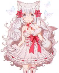 Rule 34 | 1girl, :o, animal ears, bow, breasts, bridal garter, bug, butterfly, cleavage, cowboy shot, dress, fang, fox ears, frills, gloves, grey eyes, grey hair, hair between eyes, hair bow, hair ribbon, highres, insect, long hair, looking at viewer, medium breasts, open mouth, original, red bow, red ribbon, ribbon, simple background, solo, thighhighs, very long hair, wavy hair, white background, white dress, white gloves, white thighhighs, yasiromann