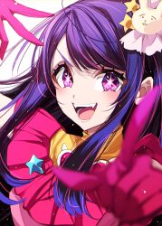 Rule 34 | 1girl, dress, fangs, gloves, hair ornament, highres, hoshino ai (oshi no ko), idol, looking at viewer, misteor, open mouth, oshi no ko, pink dress, pink gloves, pointing, pointing at viewer, purple hair, rabbit hair ornament, solo, star-shaped pupils, star (symbol), star in eye, symbol-shaped pupils, symbol in eye, teeth, white background