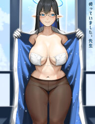 Rule 34 | 1girl, absurdres, black hair, blue archive, blue eyeliner, blue eyes, blue hair, bra, breasts, closed mouth, coat, colored inner hair, earrings, eyeliner, glasses, gloves, halo, highres, indoors, jewelry, large breasts, makeup, multicolored hair, navel, open clothes, open coat, panties, pantyhose, pointy ears, rin (blue archive), single earring, solo, sparkle, standing, strapless, strapless bra, underwear, white bra, white coat, white gloves, white panties, window, younggu