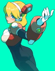Rule 34 | 1girl, alia, alia (mega man), android, armor, ass, blonde hair, blue eyes, blush, bodysuit, breasts, gloves, green background, headset, highres, large breasts, long hair, looking at viewer, mega man (series), mega man x (series), mega man x dive, nycnouu, parted lips, robot ears, simple background, smile, solo, white gloves