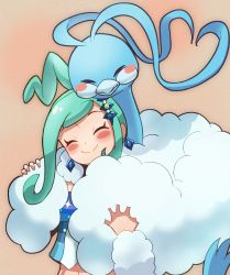 Rule 34 | 1girl, affectionate, altaria, arm warmers, blue shirt, blush stickers, brown background, closed eyes, closed mouth, commentary request, creatures (company), earrings, fluffy, game freak, gen 3 pokemon, green hair, hair ornament, highres, jewelry, lisia (pokemon), long hair, nintendo, pokemon, pokemon (creature), pokemon oras, shirt, shugara, smile, split mouth