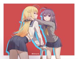 2girls absurdres arms_around_neck baseball_bat blonde_hair blue_neckerchief blue_sailor_collar blush couple highres hug incest koshi_anko_(shikanoko) koshi_torako kunai linhcoris long_hair long_sleeves looking_at_another multiple_girls neckerchief open_mouth purple_eyes purple_hair sailor_collar school_uniform serafuku shikanoko_nokonoko_koshitantan shirt siblings sisters skirt smile weapon white_shirt yuri