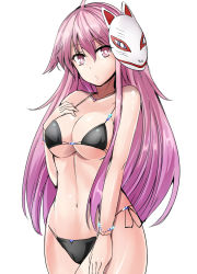 Rule 34 | 1girl, ahoge, alternate costume, bead bracelet, beads, bikini, black bikini, bracelet, breasts, cleavage, collarbone, commentary request, cowboy shot, expressionless, fox mask, hand on own thigh, hata no kokoro, highres, jewelry, large breasts, long hair, looking at viewer, mask, mask on head, navel, necklace, pink eyes, pink hair, side-tie bikini bottom, sidelocks, simple background, solo, stomach, swimsuit, thighs, touhou, underboob, very long hair, white background, wide hips, y2