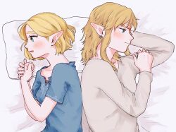 Rule 34 | 1boy, 1girl, back-to-back, blonde hair, blue eyes, blue shirt, blush, champion&#039;s tunic (zelda), closed mouth, collarbone, commentary request, earrings, green eyes, holding own arm, jewelry, link, long sleeves, lying, medium hair, nintendo, on side, own hands together, parted lips, pillow, pointy ears, princess zelda, shirt, short hair, short sleeves, the legend of zelda, the legend of zelda: tears of the kingdom, upper body, white shirt, yamori (yamoooon21)