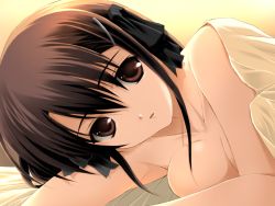 Rule 34 | 1girl, black bow, bow, breasts, brown eyes, brown hair, cleavage, collarbone, fujimi setsuna, fumio (ura fmo), game cg, hair between eyes, hair bow, hair ornament, hairclip, long hair, looking at viewer, lying, medium breasts, nude, official art, on bed, on side, open mouth, pov across bed, solo, under covers, upper body, yukiuta