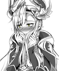 Rule 34 | 1girl, blush, cape, commentary request, embarrassed, eyes visible through hair, flying sweatdrops, gloves, granblue fantasy, green eyes, greyscale, long hair, long sleeves, looking away, monochrome, nose blush, sanmoto gorouzaemon, solo, spot color, tweyen (granblue fantasy), upper body
