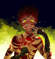 Rule 34 | 1boy, angra mainyu (fate), bodypaint, coara, commentary request, fate/grand order, fate (series), fingerless gloves, fingernails, gloves, looking at viewer, male focus, open mouth, red hair, short hair, smoke, solo, topless male, upper body, yellow eyes