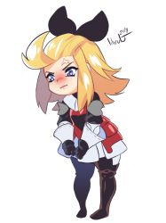 Rule 34 | 1girl, :t, ahoge, anger vein, armor, armored dress, bad id, bad tumblr id, blonde hair, blue eyes, boots, bow, bravely default: flying fairy, bravely default (series), breastplate, edea lee, faulds, gloves, hair bow, lilirulu, long hair, pantyhose, solo, thigh boots, thighhighs