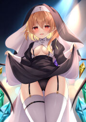 Rule 34 | 1girl, absurdres, alternate costume, black panties, black skirt, blonde hair, breasts, cameltoe, clothes lift, crystal, fang, flandre scarlet, habit, hair between eyes, highres, juliet sleeves, lifted by self, long hair, long sleeves, looking at viewer, miy@, nun, one side up, open mouth, panties, pointy ears, puffy sleeves, red eyes, skirt, skirt lift, small breasts, smile, solo, thighhighs, touhou, underwear, white thighhighs, wings