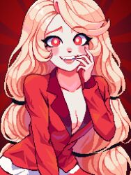 Rule 34 | 1girl, absurdres, blonde hair, blush, breasts, charlie morningstar, cleavage, collarbone, hand to own mouth, hazbin hotel, highres, long hair, pixel art, red background, red eyes, solo, very long hair, yumykon
