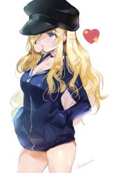 Rule 34 | 1girl, bad id, bad twitter id, black hat, blonde hair, blowing bubbles, blue eyes, blue jacket, chewing gum, choker, emily (pure dream), hair over one eye, hands in pockets, hat, highres, jacket, long hair, no pants, original, simple background, solo, thighs, white background