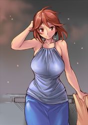 Rule 34 | 1girl, aged up, breasts, brown hair, cloud, hand to head, jacket, unworn jacket, large breasts, looking at viewer, pencil skirt, railing, rozen maiden, short hair, simple background, skirt, solo, souseiseki, tsuda nanafushi