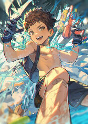 Rule 34 | 1boy, absurdres, armpits, backpack, bag, bandaid, bandaid on knee, bandaid on leg, blue gloves, commentary, commentary request, full body, gloves, highres, holding, holding water gun, male focus, open mouth, rex (xenoblade), smile, solo, sora (zwz030), splashing, super soaker, swimsuit, teeth, toned, toned male, topless male, toy gun, upper teeth only, water, water gun, xenoblade chronicles (series), xenoblade chronicles 2
