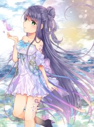 Rule 34 | 1girl, bad id, bad pixiv id, bare shoulders, bug, butterfly, commentary request, detached sleeves, dress, green eyes, hair bun, insect, long hair, looking at viewer, off-shoulder dress, off shoulder, one side up, original, parted lips, purple hair, shikino (sikinonono), single hair bun, smile, solo, tattoo