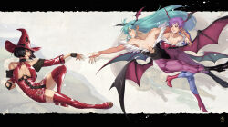 Rule 34 | 3girls, animal print, aqua hair, bare shoulders, bat print, black hair, black leotard, blue pantyhose, boots, breast curtains, breasts, crossover, demon girl, demon wings, dress, fine art parody, fingerless gloves, fingernails, gloves, guilty gear, hat, head wings, highres, i-no, irene koh, large breasts, latex, latex dress, leotard, lilith aensland, long fingernails, long hair, morrigan aensland, multiple girls, pantyhose, parody, purple hair, purple pantyhose, red dress, red eyes, red footwear, red headwear, red lips, short dress, short hair, small breasts, the creation of adam, thigh boots, vampire (game), wings, witch hat