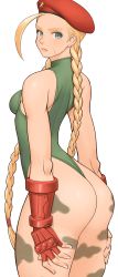 Rule 34 | 1girl, ahoge, antenna hair, ass, beret, blonde hair, blue eyes, braid, breasts, cammy white, camouflage, capcom, closed mouth, commentary request, fingerless gloves, gloves, hat, highres, huge ahoge, leotard, lips, long hair, looking at viewer, looking back, medium breasts, shigenobu, simple background, solo, street fighter, thighs, twin braids, twintails