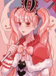 Rule 34 | 1girl, absurdres, bin (binonep), blunt bangs, capelet, commentary, crown, ghost, highres, holding, holding umbrella, korean commentary, long sleeves, looking at viewer, mini crown, neck ribbon, one piece, perona, pink hair, pink ribbon, red capelet, ribbon, solo, twintails, umbrella