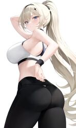 Rule 34 | 1girl, ass, azur lane, bare shoulders, black pants, blonde hair, blue eyes, blush, breasts, closed mouth, cowboy shot, from behind, from below, hair between eyes, highres, large breasts, layered clothes, long hair, looking at viewer, looking back, official alternate costume, painleve (azur lane), painleve (team stretching) (azur lane), pants, pointy ears, preview (preview0), sideboob, simple background, solo, sports bra, sportswear, tight clothes, tight pants, very long hair, white background, white sports bra, yoga pants