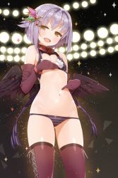 Rule 34 | 10s, 1girl, bad id, bad pixiv id, bra, brown eyes, cleavage cutout, clothing cutout, elbow gloves, gloves, hair ornament, hairclip, heart, heart cutout, idolmaster, idolmaster cinderella girls, koshimizu sachiko, mx2j, navel, open mouth, panties, purple hair, short hair, smile, solo, striped clothes, striped panties, thighhighs, underwear, underwear only, wings
