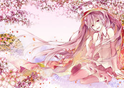 Rule 34 | 1girl, boots, cherry blossoms, detached sleeves, floating hair, hatsune miku, long hair, necktie, petals, pink hair, red eyes, reika (iamreika), sakura miku, see-through, sitting, skirt, solo, thigh boots, thighhighs, twintails, very long hair, vocaloid