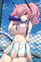 Rule 34 | 14c, 1girl, :o, absurdres, arm behind back, azur lane, bare shoulders, blue sky, blush, bottle, breasts, bremerton (azur lane), bremerton (scorching-hot training) (azur lane), chain-link fence, cleavage, cloud, collared shirt, commentary request, covered erect nipples, cowboy shot, crop top, crop top overhang, crossed bangs, day, fang, fence, green skirt, grey hair, groin, hair between eyes, hair intakes, hair ornament, hairclip, hand up, highres, holding, holding bottle, holding racket, large breasts, long hair, looking at viewer, midriff, multicolored hair, navel, pink eyes, pink hair, racket, revision, saliva, saliva trail, see-through, shirt, sidelocks, skin fang, skirt, sky, sleeveless, sleeveless shirt, solo, sportswear, standing, streaked hair, sweat, tennis racket, tennis uniform, twintails, two-tone hair, two-tone shirt, two-tone skirt, underboob, water bottle, wet, wet clothes, wet shirt, white shirt, white skirt, x hair ornament