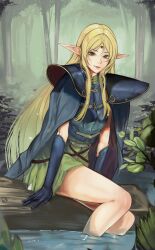 Rule 34 | 1girl, absurdres, arm support, armor, blonde hair, blue cape, blue gloves, cape, commentary, deedlit, dress, elbow gloves, elf, english commentary, forest, gem, gloves, green dress, green eyes, hair between eyes, highres, kaiser (kaiserofart), log, long hair, long pointy ears, looking at viewer, nature, outdoors, parted lips, pauldrons, plant, pointy ears, record of lodoss war, red gemstone, shoulder armor, sitting, smile, soaking feet, solo, teeth, tree, very long hair, water